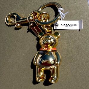 NWT Coach Metallic 3D Teddy Bear Keyring Bag Charm Keychain Gold Toned